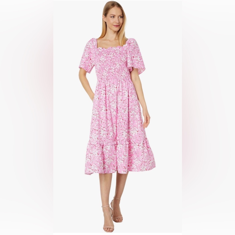Draper James Deana Smocked Midi Dress in Pink Shadow Floral
